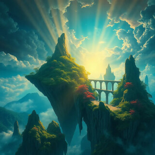 “Sky islands connected by crystal bridges” – high-detail foliage, god-ray sunbeams, sweeping panorama
