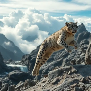 “Snow leopards leaping between jagged Himalayan boulders, clouds swirling below summit level, frozen waterfalls glinting, photographic, panoramic view”