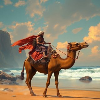 Ancient traveler riding his camel in the beach