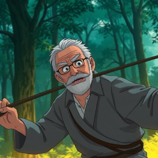 old man doing sport in the forest