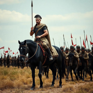 Alexander the Great is riding his black horse, going to war with his scaring army.