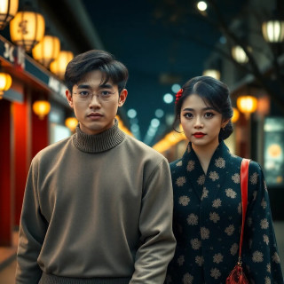 japanese couple walking full shot