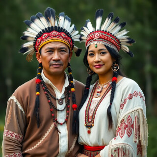 Native American couple wearing traditional clothes in their wedding day,