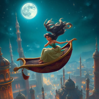 Aerial shot of Aladdin and Jasmine on the magic carpet diving between Agrabah’s moonlit minarets, hair whipping in the wind, sparkling night sky, exhilarated laughter
