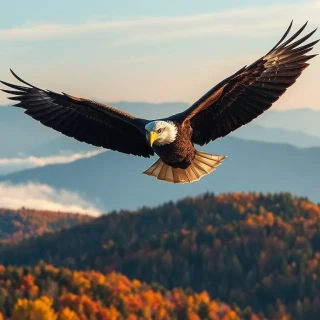 “Majestic bald eagle soaring above a carpet of autumn forest, ridgeline after ridgeline fading into blue haze, soft morning mist, photographic, panoramic view”