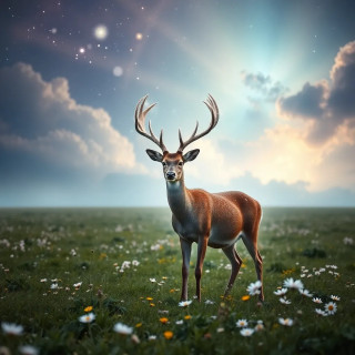 A celestial deer with antlers made of starlight, grazing on astral flowers in a dreamy nebula meadow.