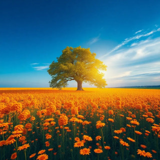 “Endless field of orange rapeseed under deep blue sky, single oak tree focal point, polarizing filter for vibrant contrast, oil painting