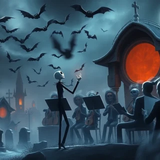 Jack Skellington conducting a spectral orchestra in a windswept graveyard, swirling bats forming music notes, ecstatic creativity