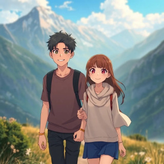happy couple walking in the mountain