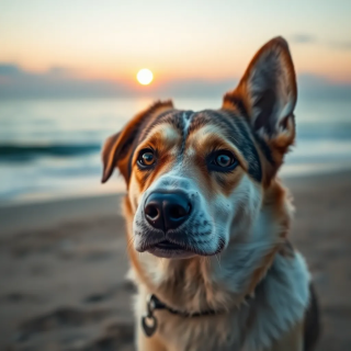 a dog in romantic view in the beach