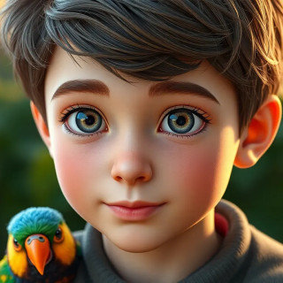 A very beautiful 10 years old boy with grey eyes,  a colorful bird on his shoulder