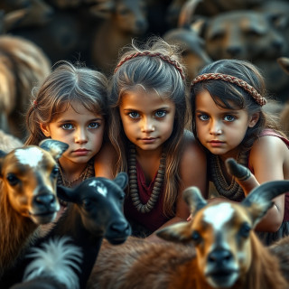 3 Little girls playing in the year 500 BC, realistic, domestic animals around the 3 girls