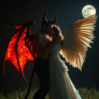 Devil and angel embracing, wings entangled, one bathed in firelight, the other in moonlight—forbidden love.