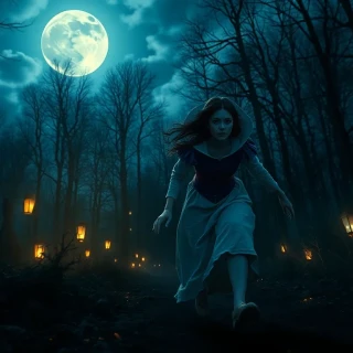 “Snow White charging through a moonlit forest with the seven dwarfs, glowing lanterns scattering frantic woodland shadows, protective courage” rays beneath, sky blazing with stars, steadfast determination”