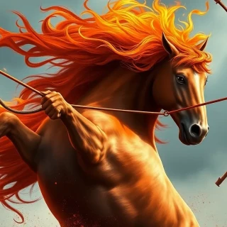 “Merida loosing a flaming arrow that splinters a target mid-gallop, stallion rearing, her hair a wild crimson blaze, fierce independence”