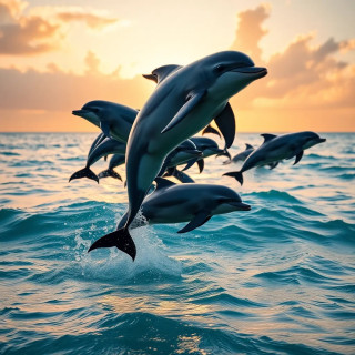 A pod of dolphins leaping over turquoise ocean waves at golden hour.