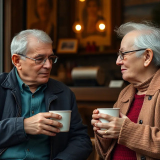 Old couple drinking coffee