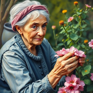 Old woman taking care of flowers in his garden, oil painting