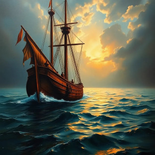 ancient commercial ship in the sea, oil painting
