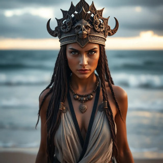 Angry war Godess greeting people in the beach