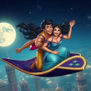 Aerial shot of Aladdin and Jasmine on the magic carpet diving between Agrabah’s moonlit minarets, hair whipping in the wind, sparkling night sky, exhilarated laughter