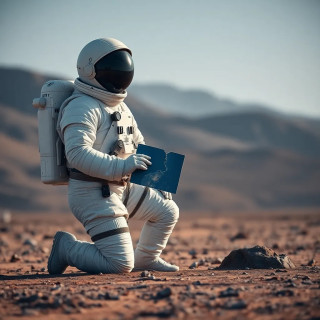 A lone astronaut kneeling on an alien planet, holding a broken photo of Earth, helmet visor fogged with tears.