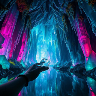 An underground cavern filled with towering crystal formations that emit prismatic light. The walls are embedded with glowing lichen, and the ceiling drips with luminescent water droplets. Reflective pools create infinite mirrors of color. A Na’vi explorer touches a crystal, causing a ripple of light to spread. Sci-fi fantasy, cinematic lighting.