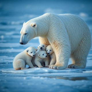 A mother polar bear nuzzling her cubs on an Arctic ice floe, icy blue tones.