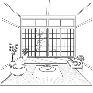 Elegant minimalist Japanese tea room, clean lines, natural materials, soft morning light through shoji screens, peaceful zen ambiance, high-definition digital art