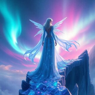 Elven queen stood on crystal bridge, flowing opal gown, aurora sky, ethereal glow, back-lighting, dust particles