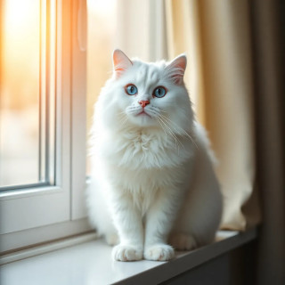 a fluffy white cat with blue eyes sitting on a windowsill, sunlight streaming through the curtains, soft focus, cozy atmosphere