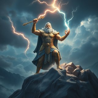 Zeus wielding a lightning bolt atop Mount Olympus, stormy skies, divine glow, intricate armor, dramatic shadows, digital painting, ultra-high detail, trending on ArtStation