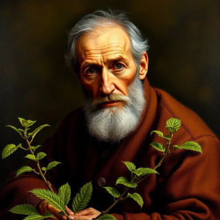 Old man taking care of  his garden, oil painting