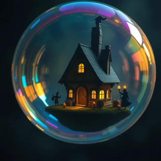 A witch’s cottage nestled inside a giant floating soap bubble, with shadow puppets acting out spells in the iridescent film.
