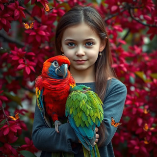 A beautiful 15 year old girl holding a colorful parrot on a crimson tree with butterflies around her