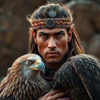 Ancient warrior with his eagle, full view