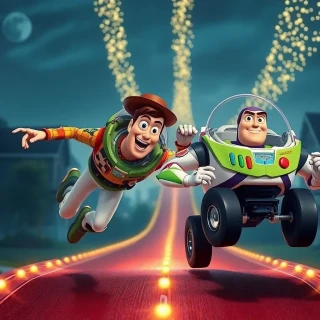 “Woody and Buzz Lightyear launching off a remote-control car ramp, suburban nightscape streaked with fairy lights, expressions of daring teamwork”