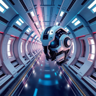 A futuristic sci-fi corridor inside a spaceship, clean white and blue lighting, realistic reflections, intricate mechanical design, 3D render style