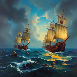 War between ancien ships in the sea, oil painting.