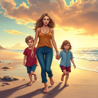A glorious woman walking with her 2 children. she is hold their hand at the beach.