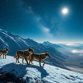 “Wolf pack traversing moonlit alpine ridge, Milky Way arcing overhead, icy valley below glowing faintly, stacked exposure clarity, photographic, panoramic view”