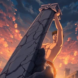 “Hercules lifting a crumbling marble column to save townsfolk, embers drifting, storm clouds above, raw heroic strength”