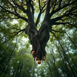 A forest where trees grow upside-down, roots cradling the sky, and apples fall upward into the void.
