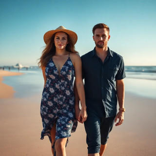 australian couple walking in the beach, full background view