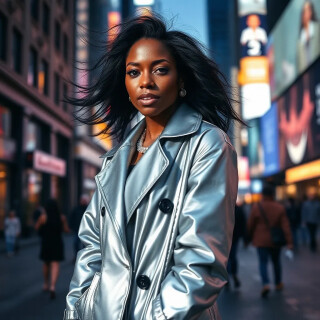 Editorial portrait of a confident black woman in a flowing metallic silver trench coat, wind in hair, Times-Square neon reflections” · Cinematic · shallow DOF, rim-light · Kodak Porta emulation