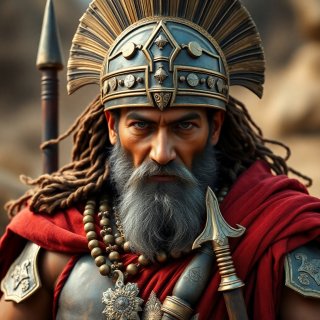 Full-body shot of a glorious worior from Babylon. He is strong, confident, weapons ultra-detailed, oil-painting, realistic colors.