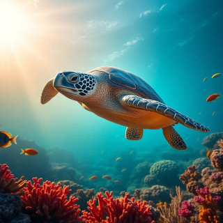 A sea turtle gliding through a sunlit coral reef, colorful fish swimming alongside.