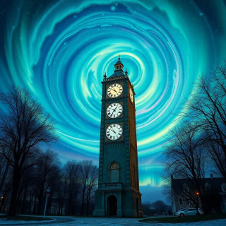 A melting clock tower under a swirling aurora borealis, Dali meets Van Gogh, vibrant oil-painted strokes.