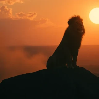 “Simba atop Pride Rock at sunrise letting out his first mighty roar, dust swirling from the savanna, golden light rays, proud determination”