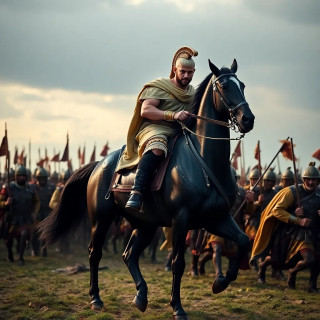 Alexander the Great is riding his black horse, going to war with his scaring army.